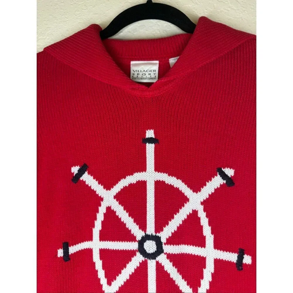 Liz Claiborne Villager Sport Sweater Vintage Red Sailor Collar Nautical Size MP
